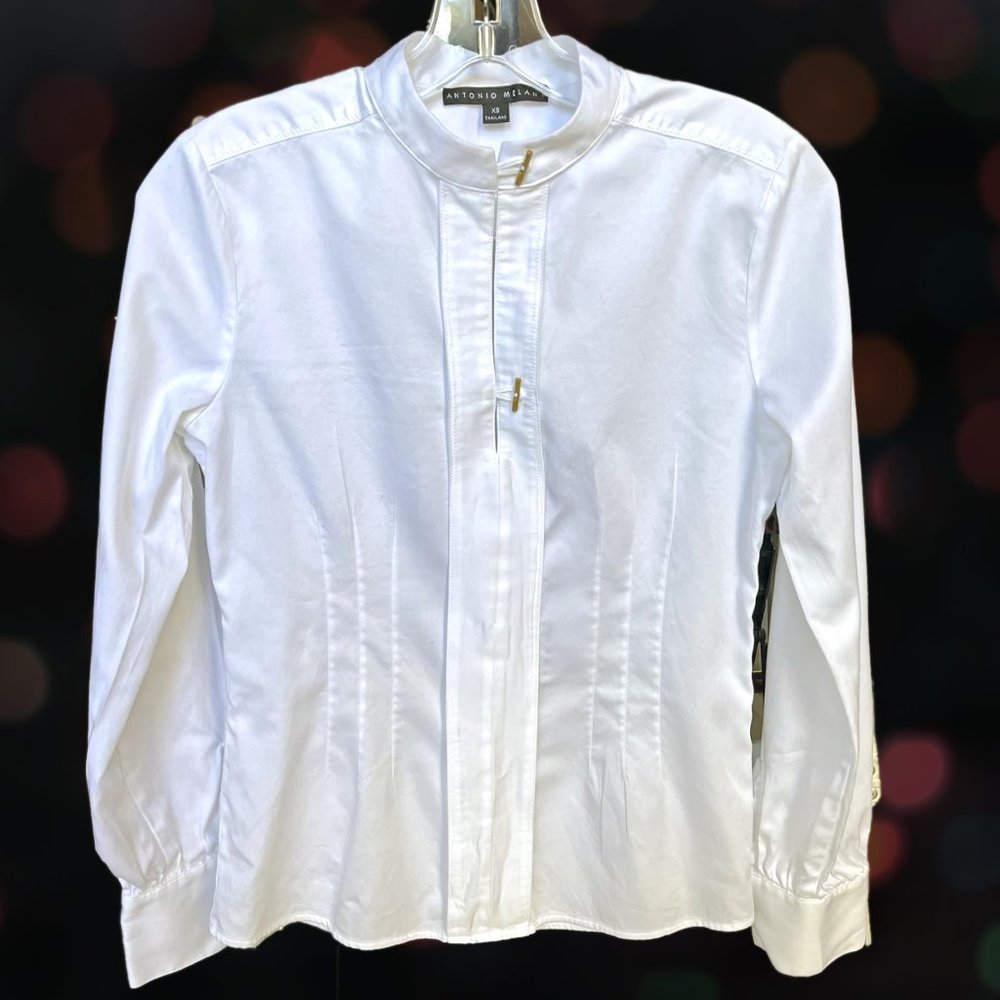 ANTONIO MELANI White Cotton Blend Blouse Top Mandarin Collar XS